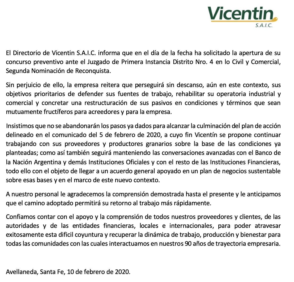 vicentin comunicado